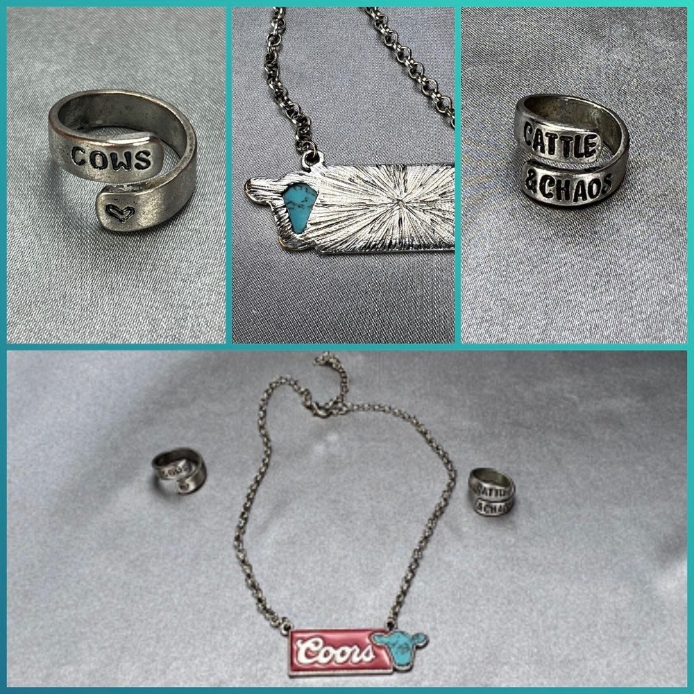 Coors Western Jewelry‎ Set Silver Tone Necklace Cow Rings Cattle & Chaos Rodeo